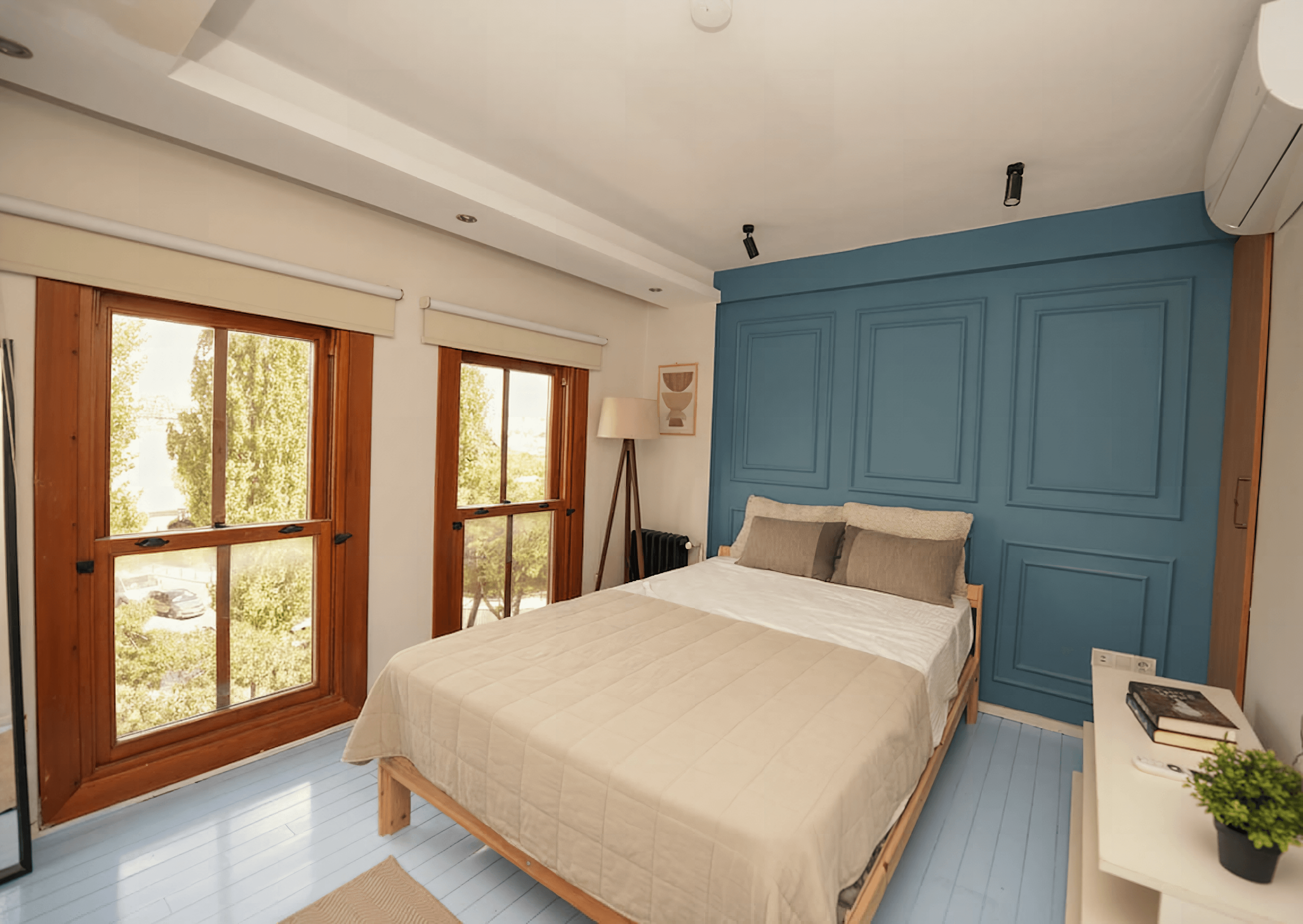 Blue bedroom with sea view